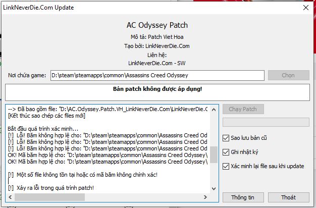Lỗi không thêm patch Việt hóa vào game Assasin creed odyssey được?
