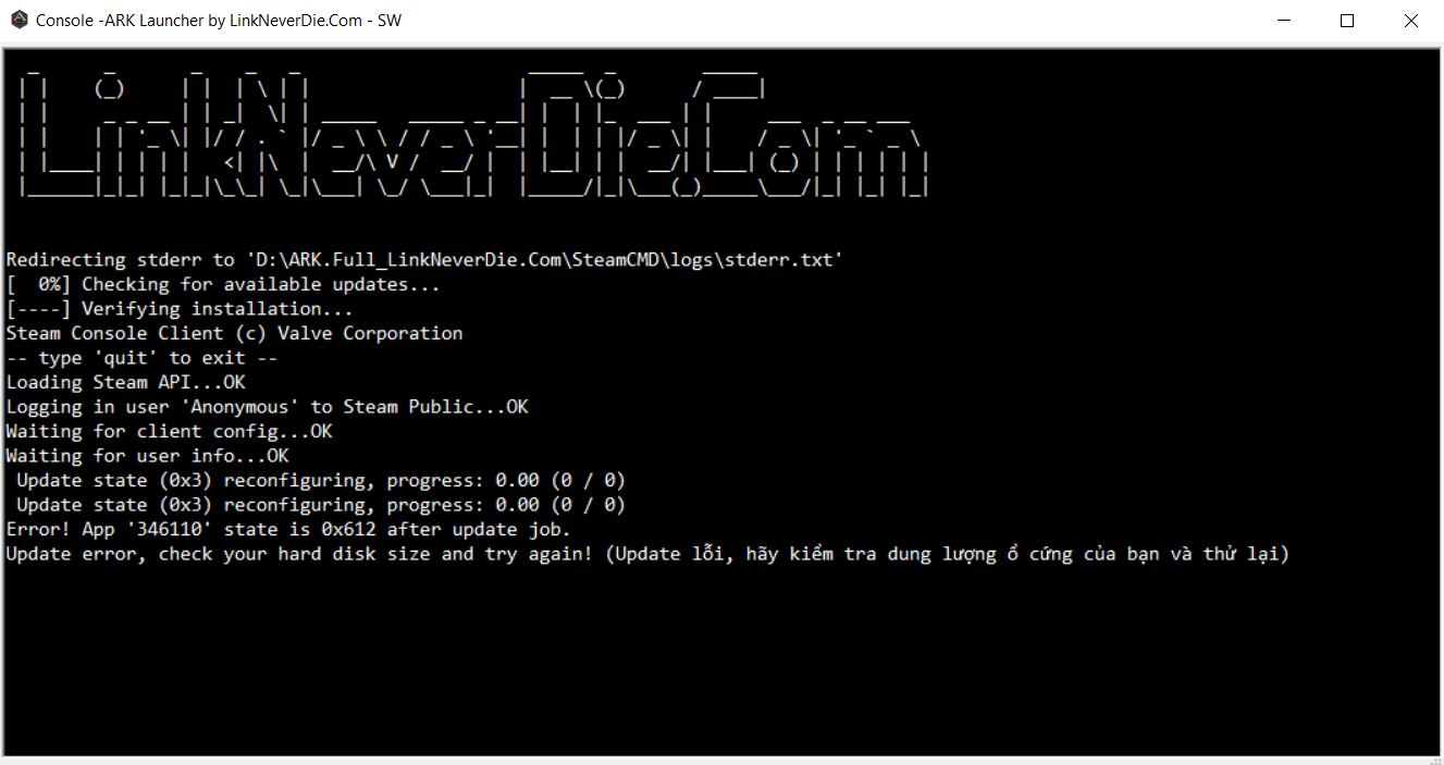 Lỗi update ARK App '346110' state is 0x612 after update job