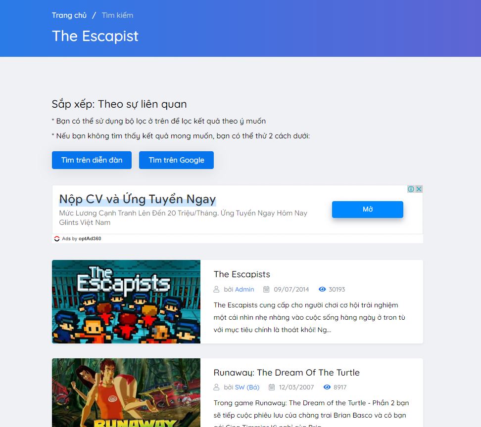 search không tìm đc the escapists 2