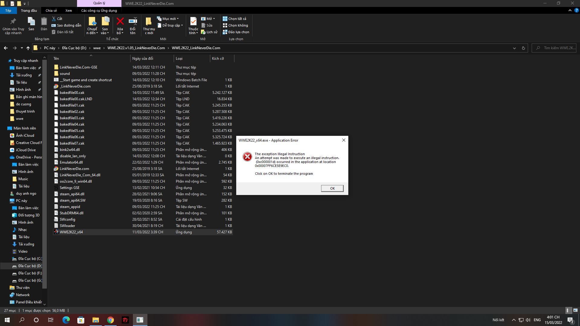 lỗi 0cx000001d lúc mở game wwe 2k22
