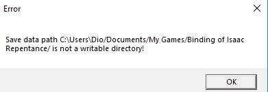 Lỗi save data path is not writeable ( the binding of isaac )