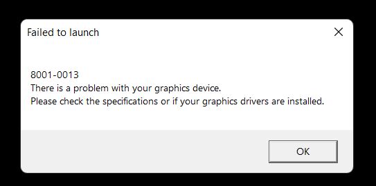 Lỗi 8001 - 0013 Failed to launch